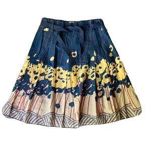 DIMRI Sz S Women’s Skirt Circle Navy Blue Yellow Floral Belted Side Zip Cotton